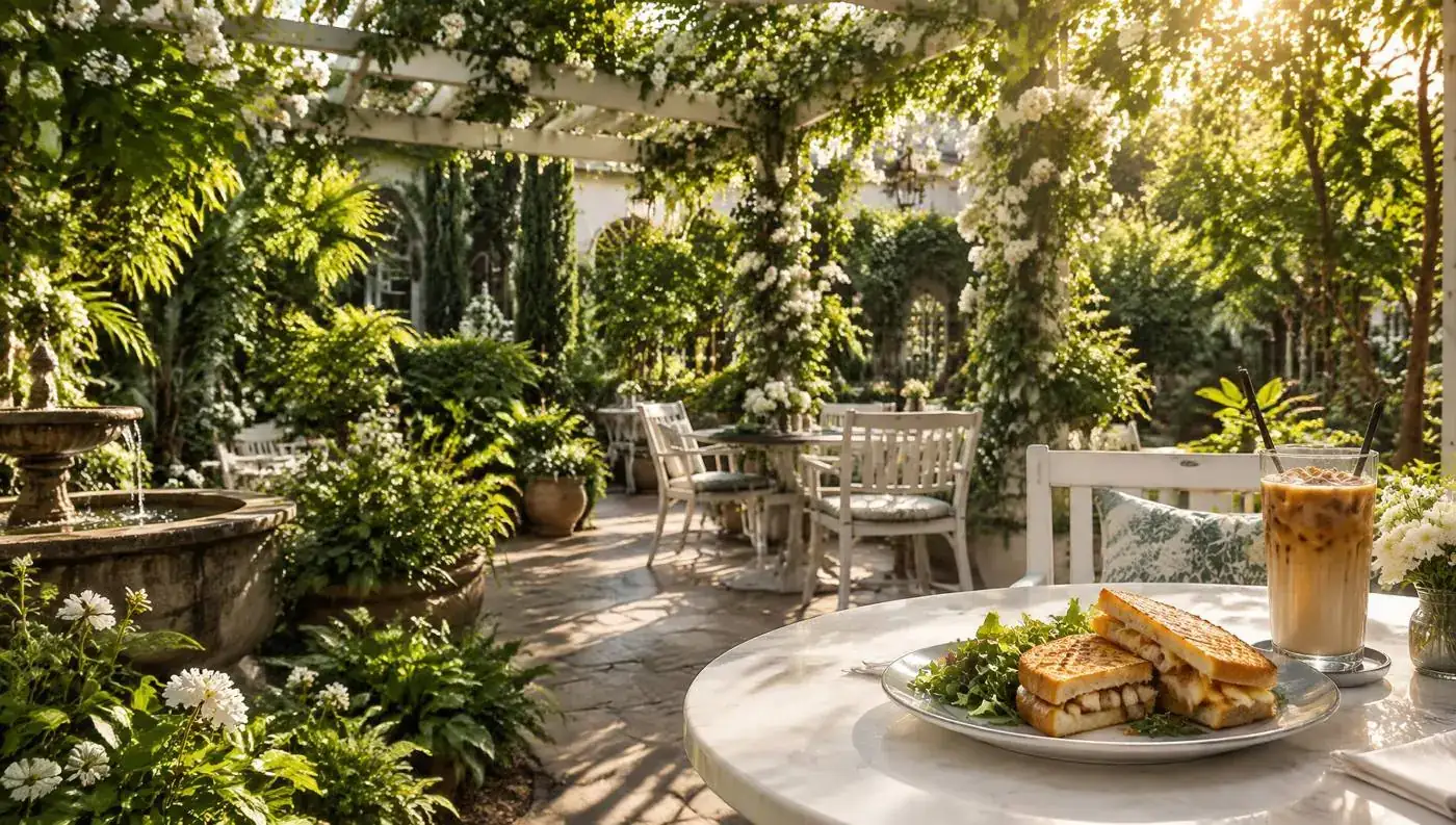 Kanak’s dream garden café, with sunlit greenery, fresh sandwiches and iced coffee